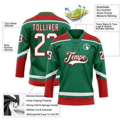 Custom Kelly Green White-Red Hockey Lace Neck Jersey - Sky-Custom