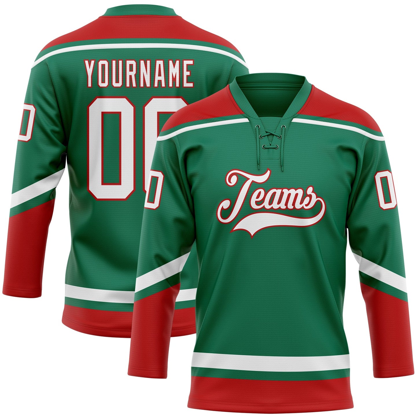 Custom Kelly Green White-Red Hockey Lace Neck Jersey - Sky-Custom