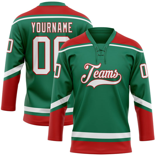 Custom Kelly Green White-Red Hockey Lace Neck Jersey - Sky-Custom