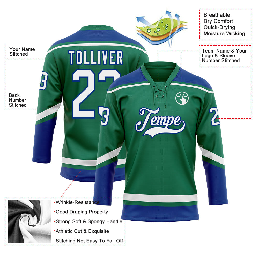 Custom Kelly Green White-Royal Hockey Lace Neck Jersey - Sky-Custom