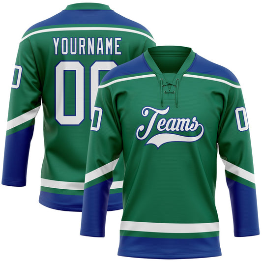 Custom Kelly Green White-Royal Hockey Lace Neck Jersey - Sky-Custom