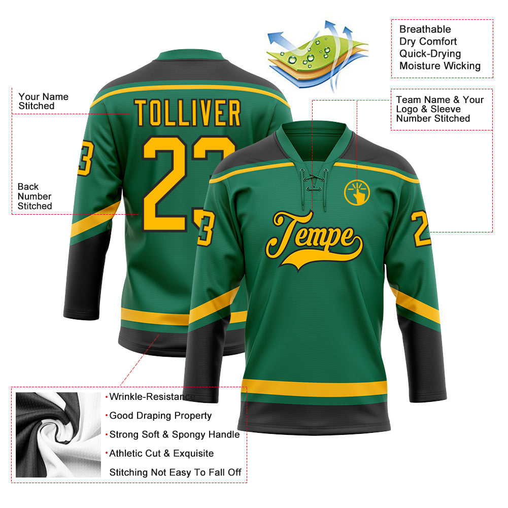 Custom Kelly Green Gold-Black Hockey Lace Neck Jersey - Sky-Custom