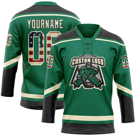 Custom Kelly Green Vintage USA Flag Cream-Black Hockey Lace Neck Jersey - Sky-Custom