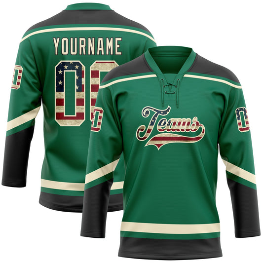Custom Kelly Green Vintage USA Flag Cream-Black Hockey Lace Neck Jersey - Sky-Custom