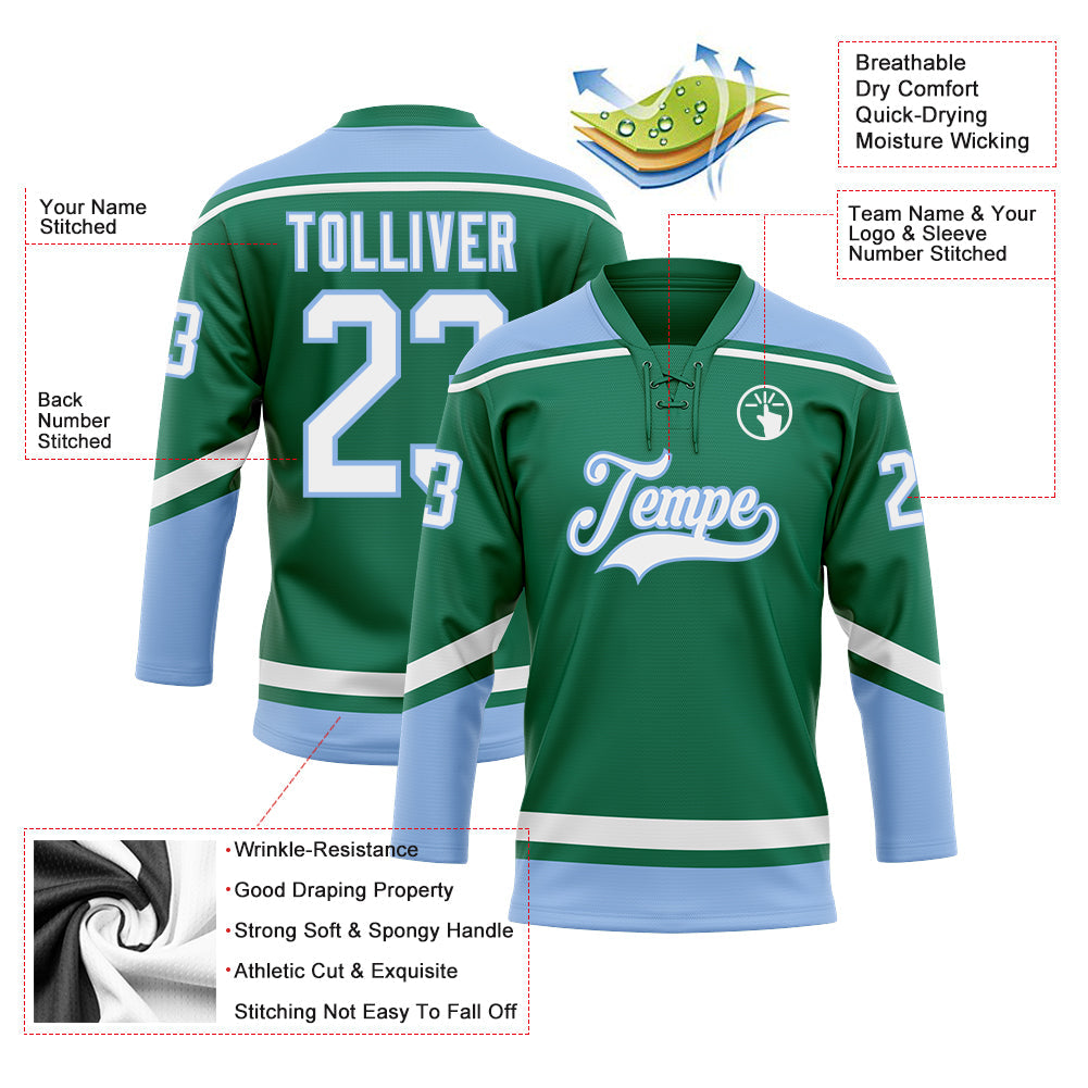 Custom Kelly Green White-Light Blue Hockey Lace Neck Jersey - Sky-Custom