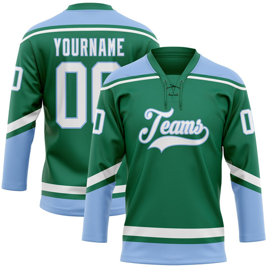 Custom Kelly Green White-Light Blue Hockey Lace Neck Jersey - Sky-Custom