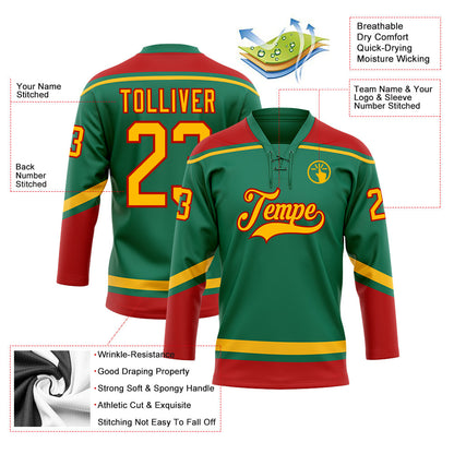 Custom Kelly Green Gold-Red Hockey Lace Neck Jersey - Sky-Custom