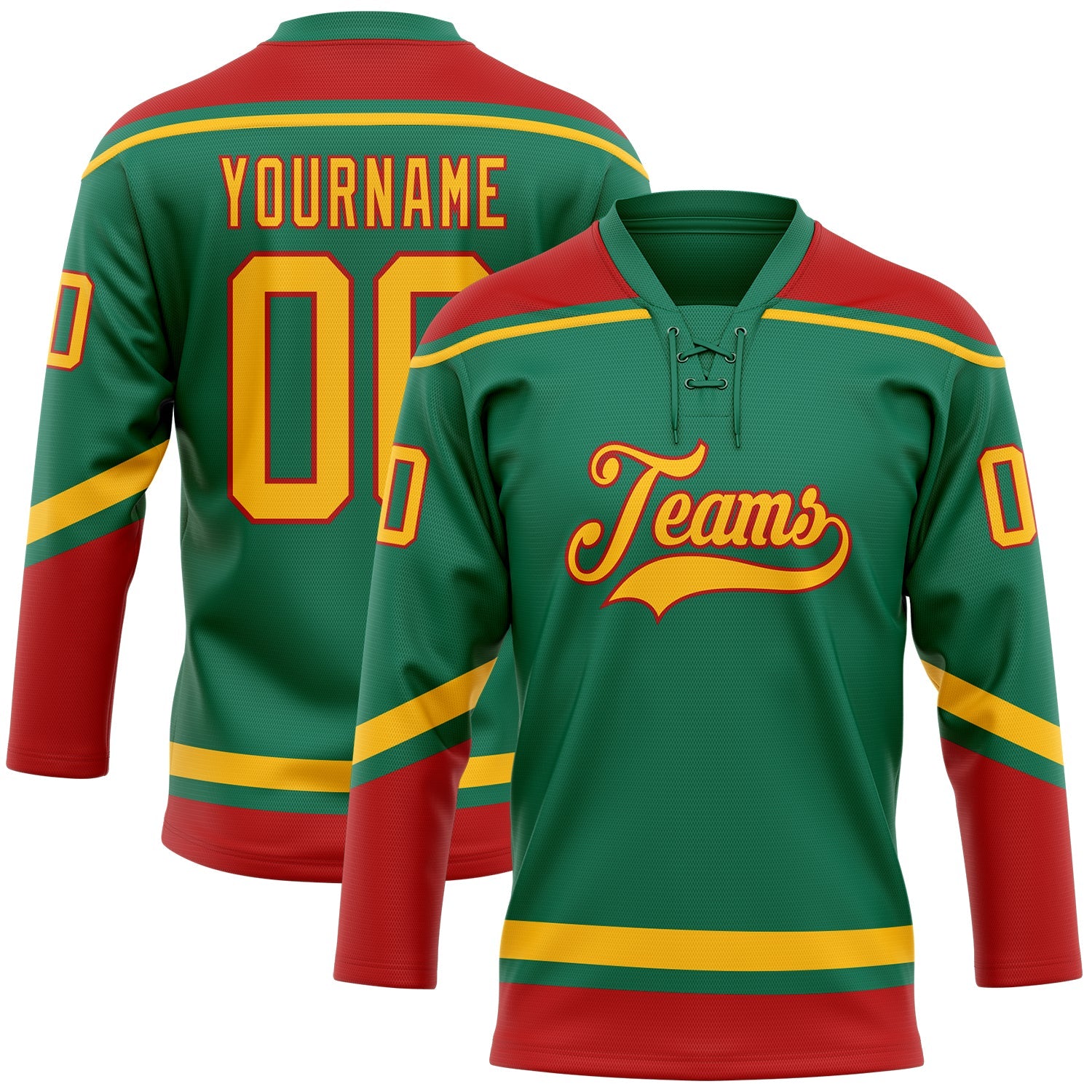 Custom Kelly Green Gold-Red Hockey Lace Neck Jersey - Sky-Custom