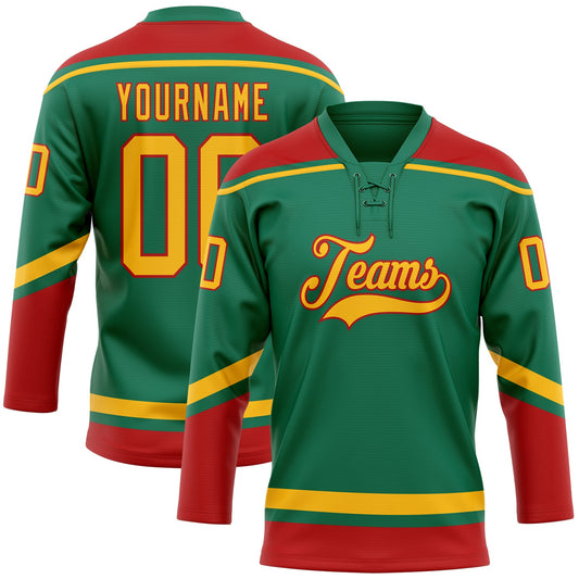 Custom Kelly Green Gold-Red Hockey Lace Neck Jersey - Sky-Custom
