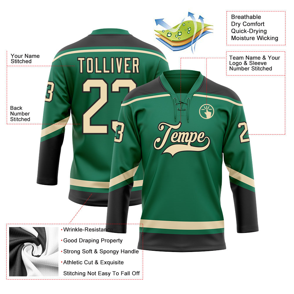 Custom Kelly Green City Cream-Black Hockey Lace Neck Jersey - Sky-Custom