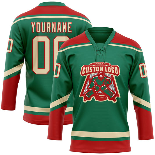 Custom Kelly Green City Cream-Red Hockey Lace Neck Jersey - Sky-Custom