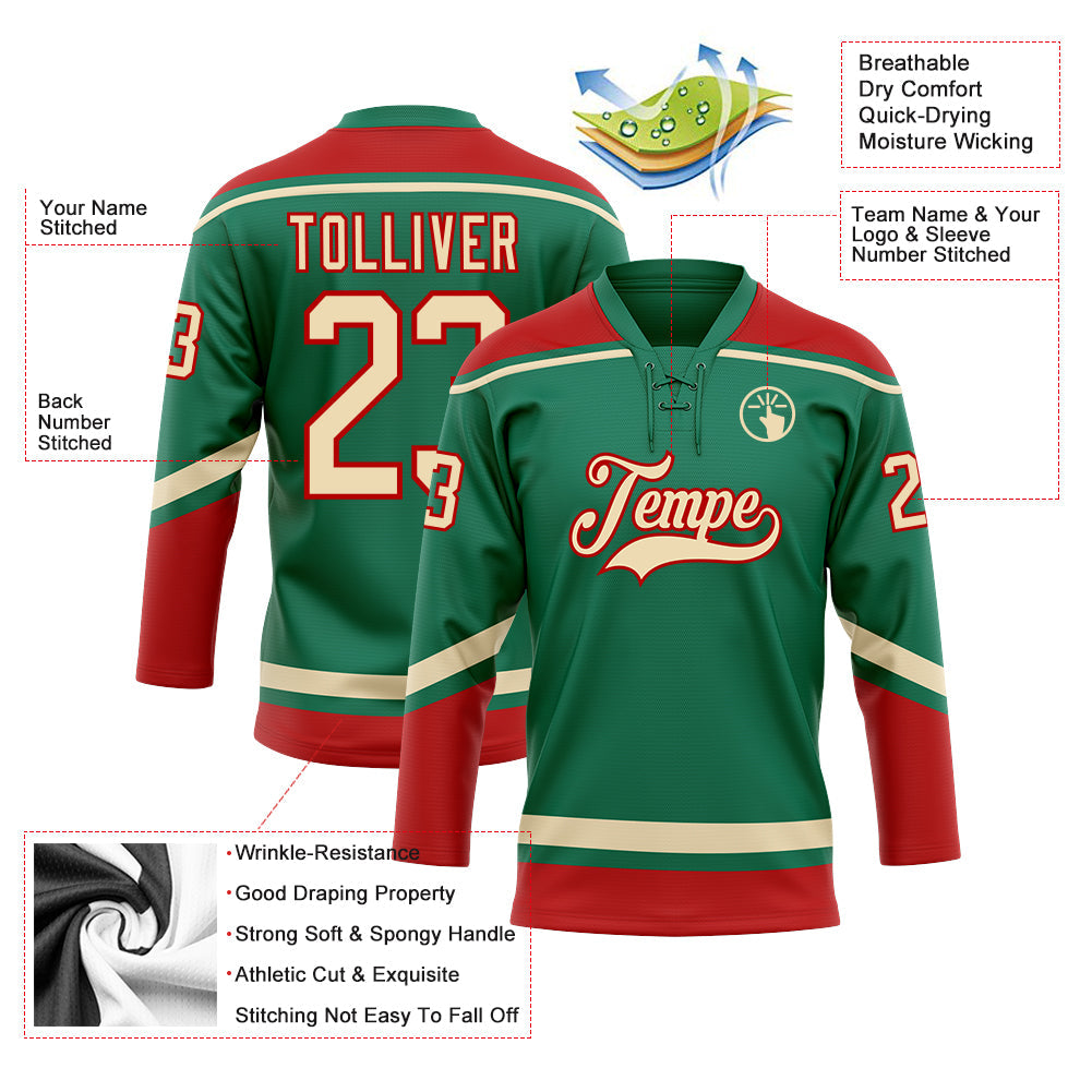 Custom Kelly Green City Cream-Red Hockey Lace Neck Jersey - Sky-Custom