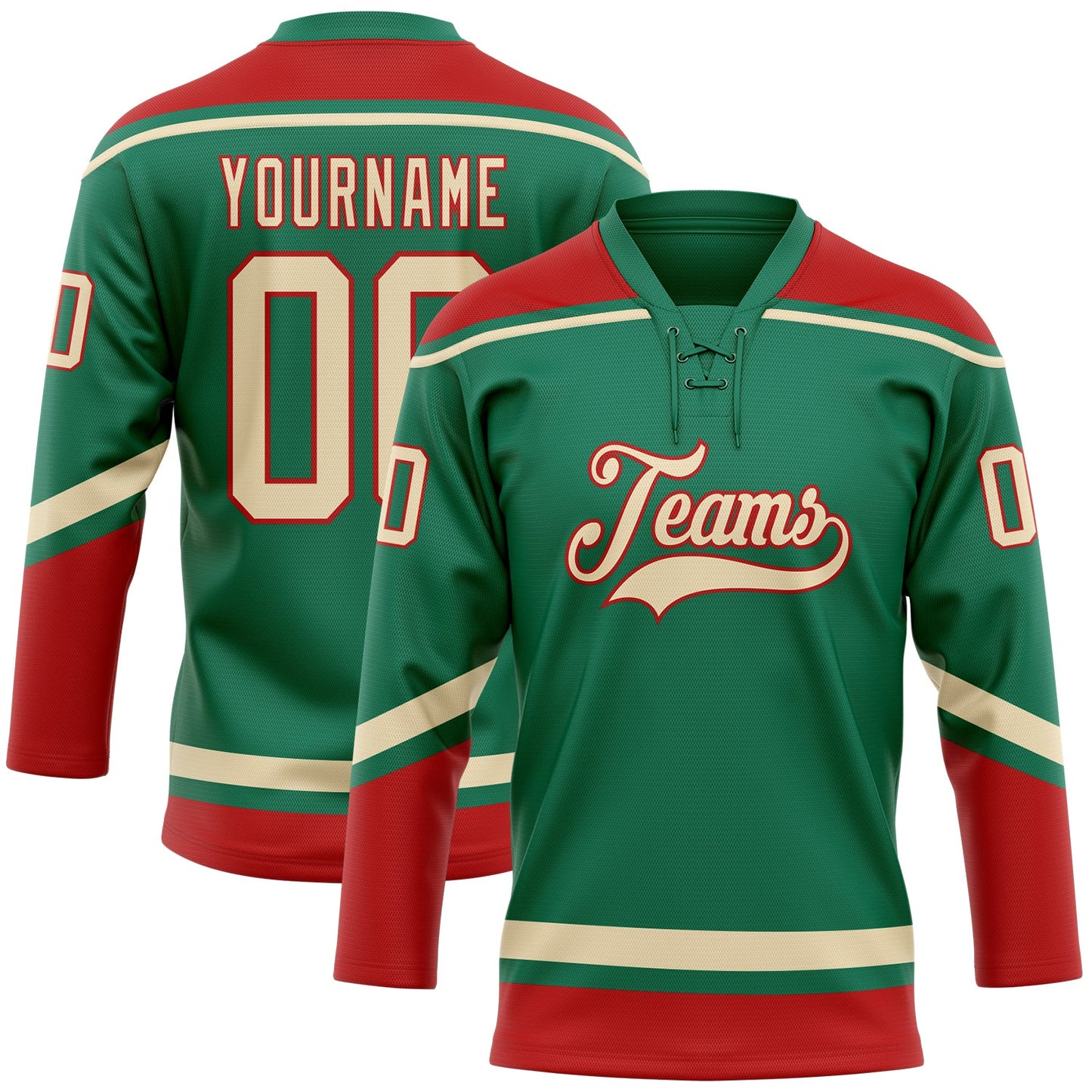 Custom Kelly Green City Cream-Red Hockey Lace Neck Jersey - Sky-Custom