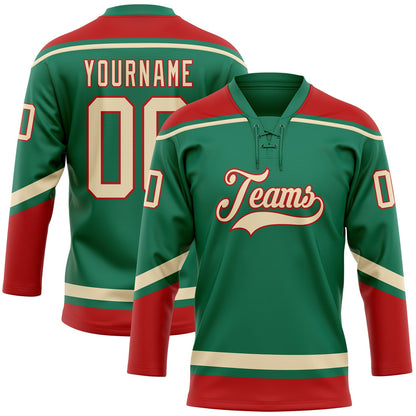 Custom Kelly Green City Cream-Red Hockey Lace Neck Jersey - Sky-Custom