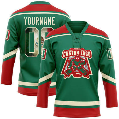 Custom Kelly Green Vintage Mexican Flag Cream-Red Hockey Lace Neck Jersey - Sky-Custom