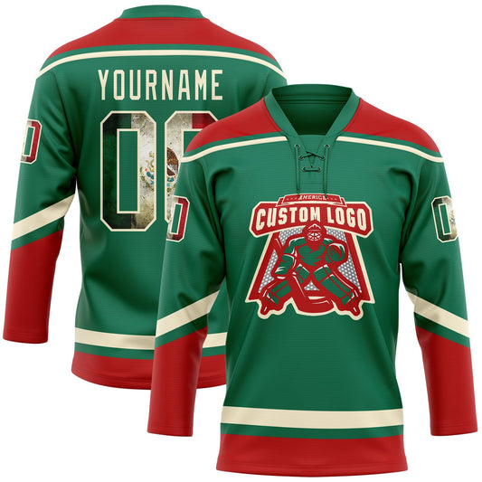 Custom Kelly Green Vintage Mexican Flag Cream-Red Hockey Lace Neck Jersey - Sky-Custom