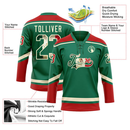 Custom Kelly Green Vintage Mexican Flag Cream-Red Hockey Lace Neck Jersey - Sky-Custom