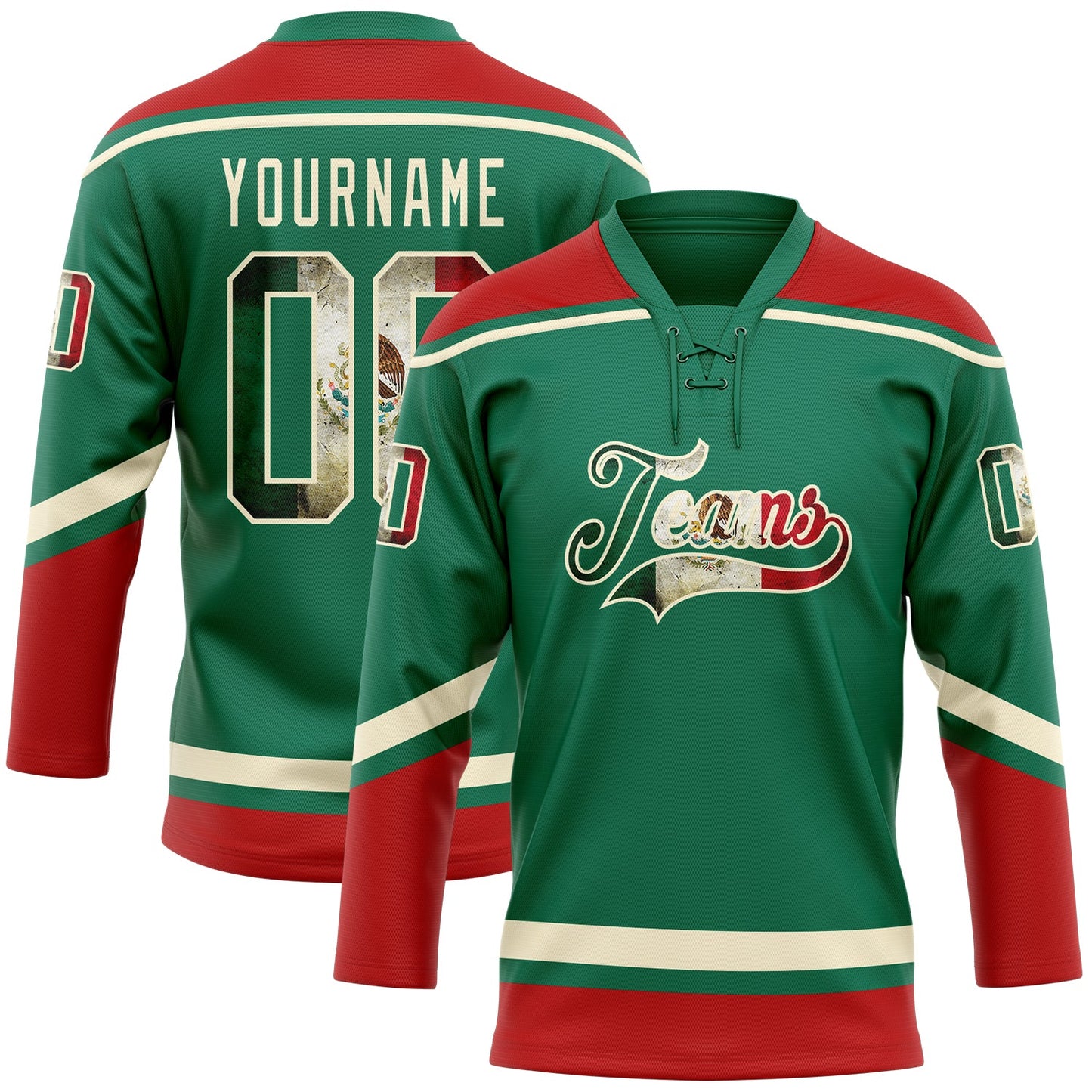 Custom Kelly Green Vintage Mexican Flag Cream-Red Hockey Lace Neck Jersey - Sky-Custom