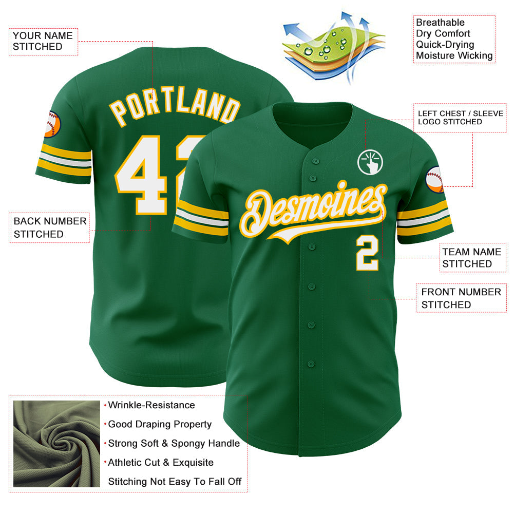Custom Kelly Green White-Gold Authentic Baseball Jersey - Sky-Custom