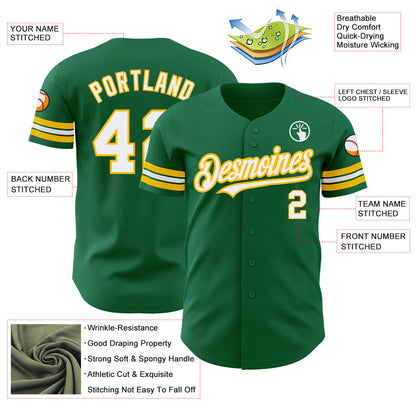 Custom Kelly Green White-Gold Authentic Baseball Jersey - Sky-Custom