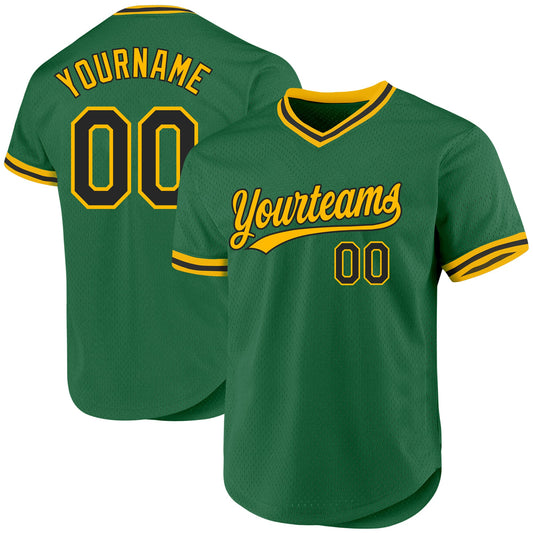 Custom Kelly Green Black-Gold Authentic Throwback Baseball Jersey - Sky-Custom