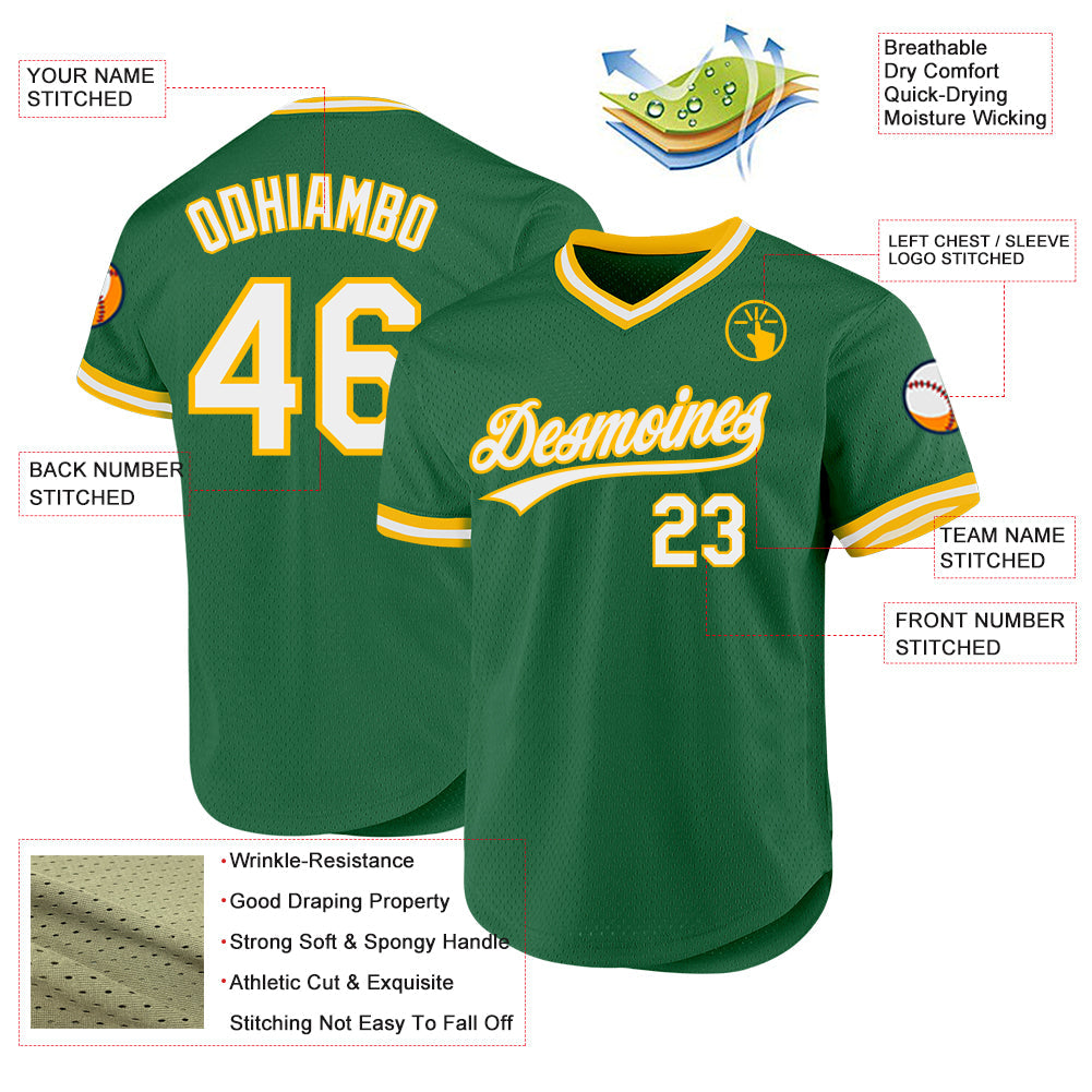 Custom Kelly Green White-Gold Authentic Throwback Baseball Jersey - Sky-Custom
