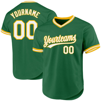 Custom Kelly Green White-Gold Authentic Throwback Baseball Jersey - Sky-Custom