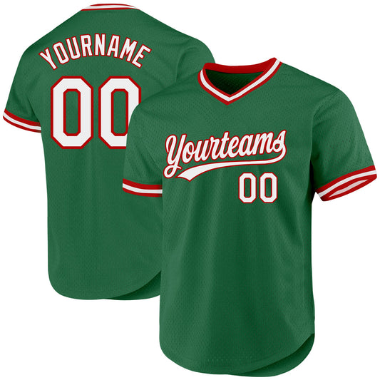 Custom Kelly Green White-Red Authentic Throwback Baseball Jersey - Sky-Custom