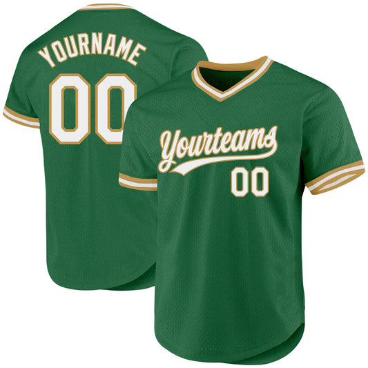 Custom Kelly Green White-Old Gold Authentic Throwback Baseball Jersey - Sky-Custom