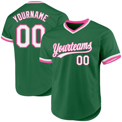 Custom Kelly Green White-Pink Authentic Throwback Baseball Jersey - Sky-Custom