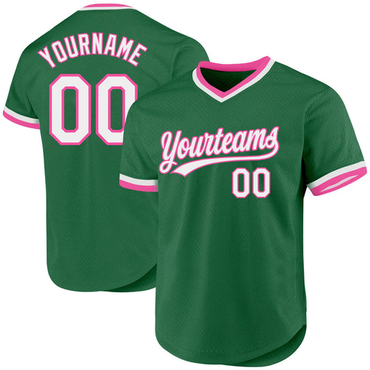 Custom Kelly Green White-Pink Authentic Throwback Baseball Jersey - Sky-Custom