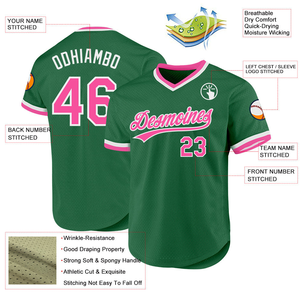 Custom Kelly Green Pink-White Authentic Throwback Baseball Jersey - Sky-Custom