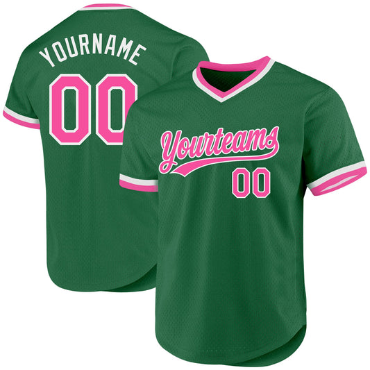 Custom Kelly Green Pink-White Authentic Throwback Baseball Jersey - Sky-Custom