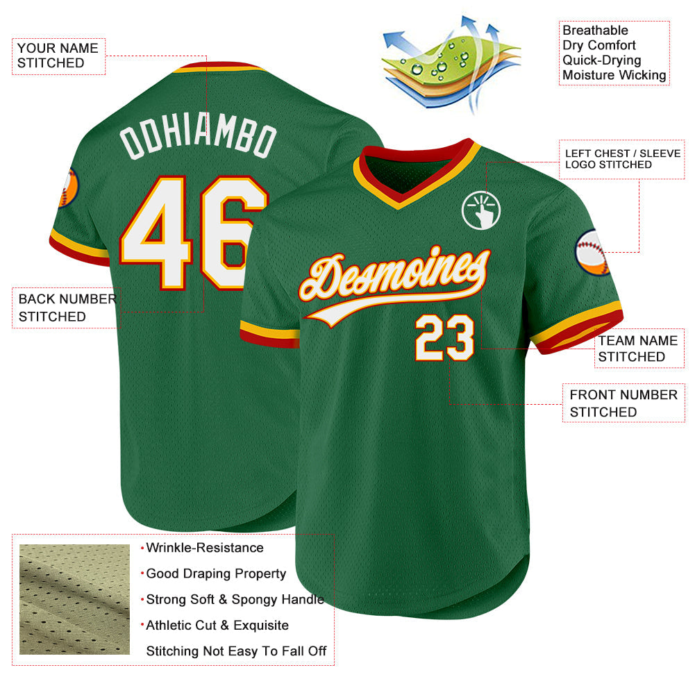 Custom Kelly Green Gold-Red Authentic Throwback Baseball Jersey - Sky-Custom