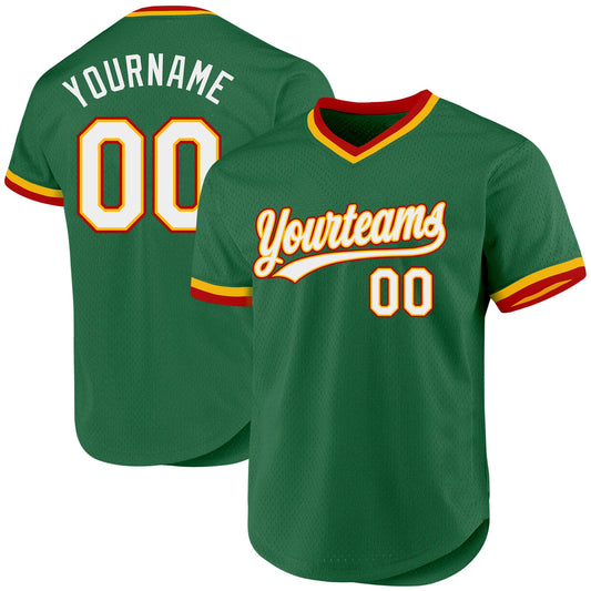 Custom Kelly Green Gold-Red Authentic Throwback Baseball Jersey - Sky-Custom