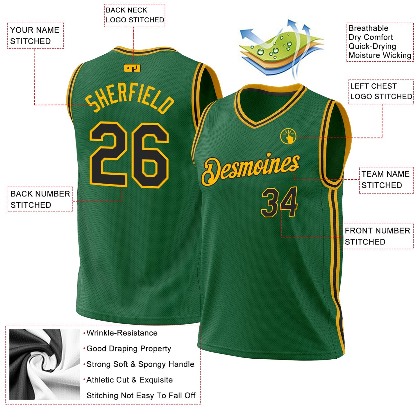 Custom Kelly Green Black-Gold Authentic Throwback Basketball Jersey - Sky-Custom