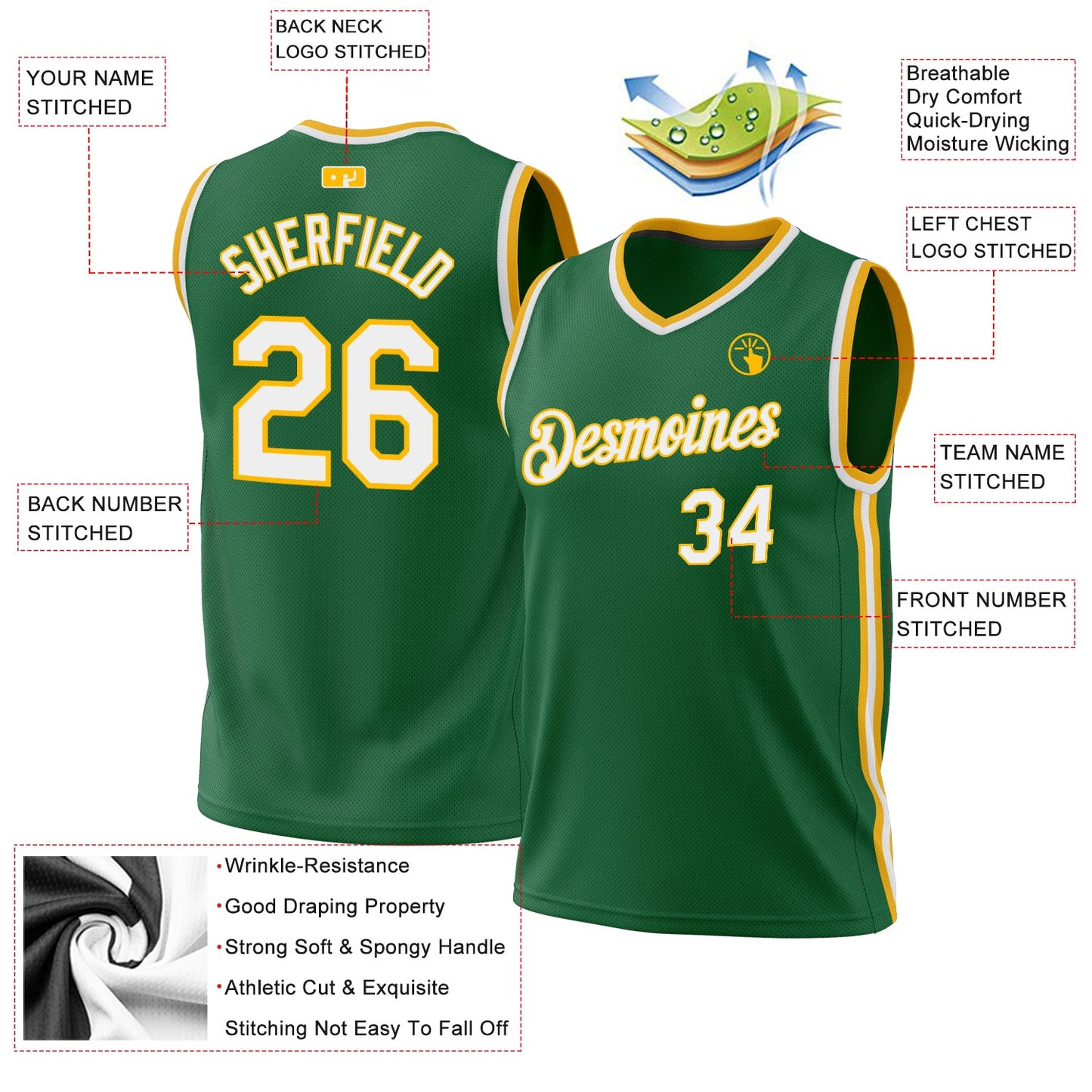 Custom Kelly Green White-Gold Authentic Throwback Basketball Jersey - Sky-Custom