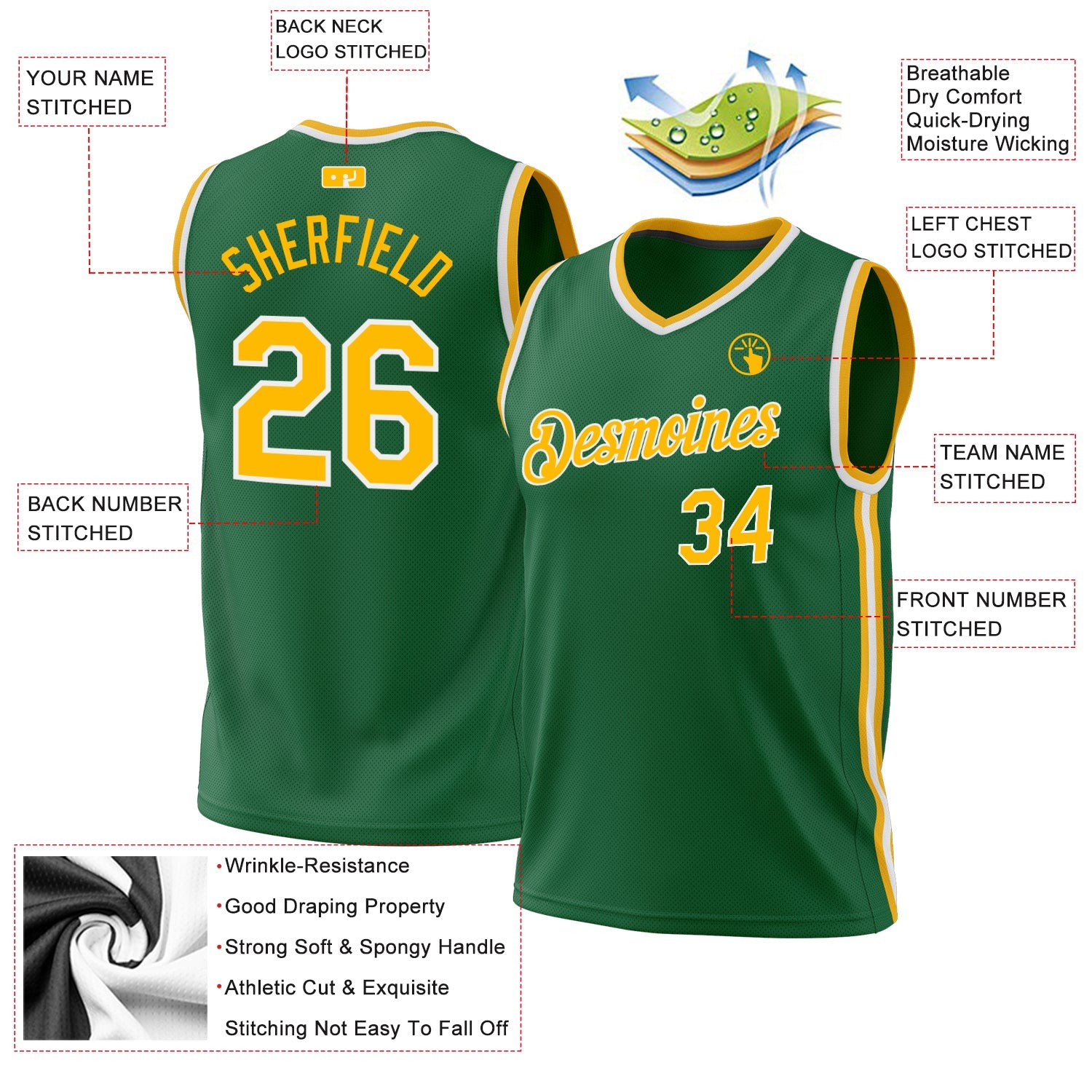 Custom Kelly Green Gold-White Authentic Throwback Basketball Jersey - Sky-Custom