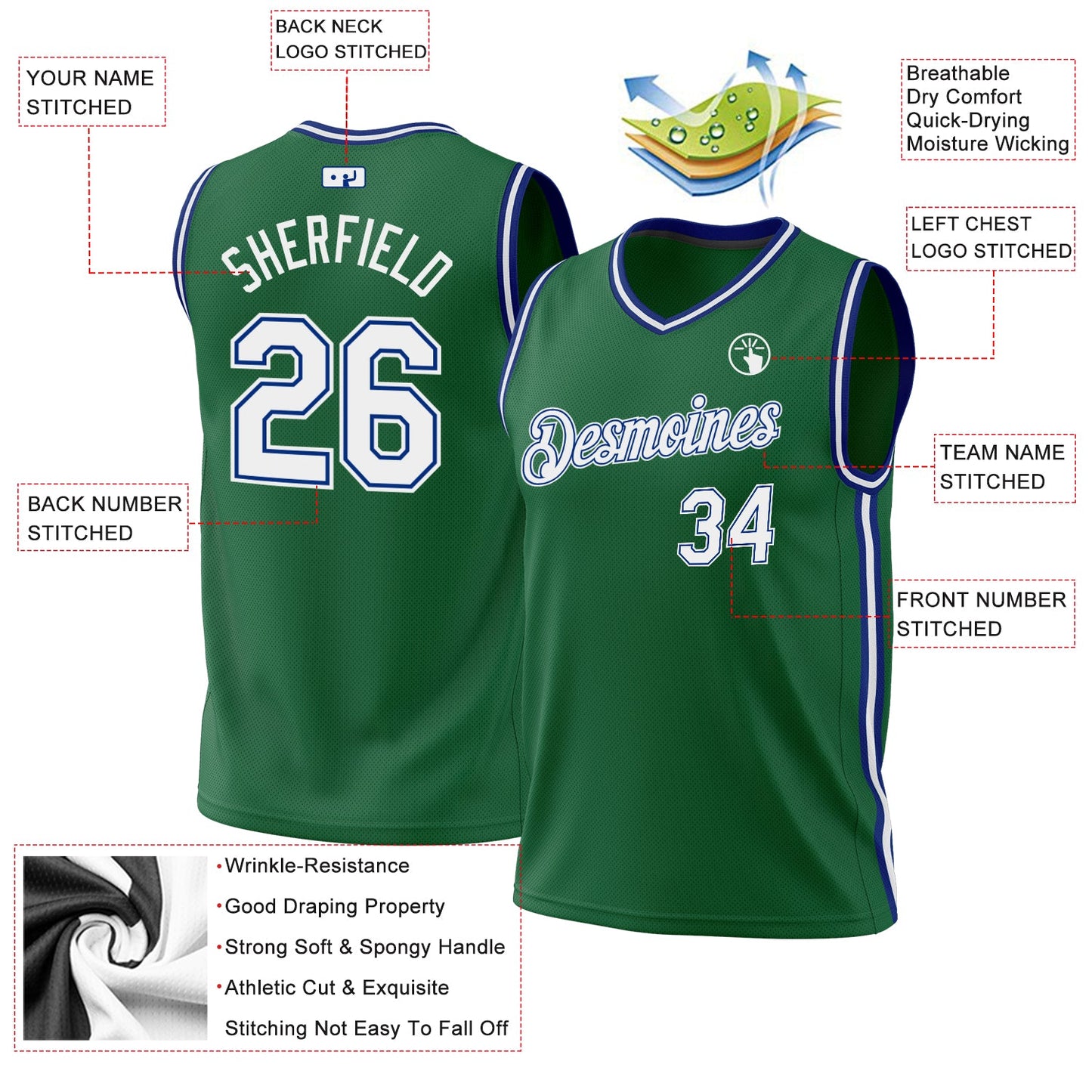 Custom Kelly Green White-Royal Authentic Throwback Basketball Jersey - Sky-Custom