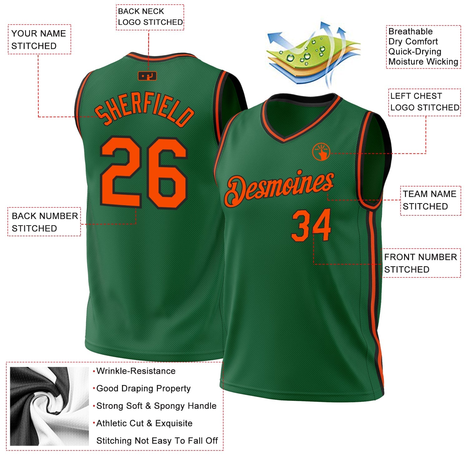 Custom Kelly Green Orange-Black Authentic Throwback Basketball Jersey - Sky-Custom