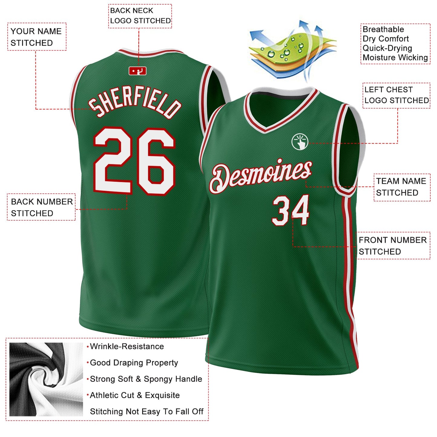 Custom Kelly Green White-Red Authentic Throwback Basketball Jersey - Sky-Custom