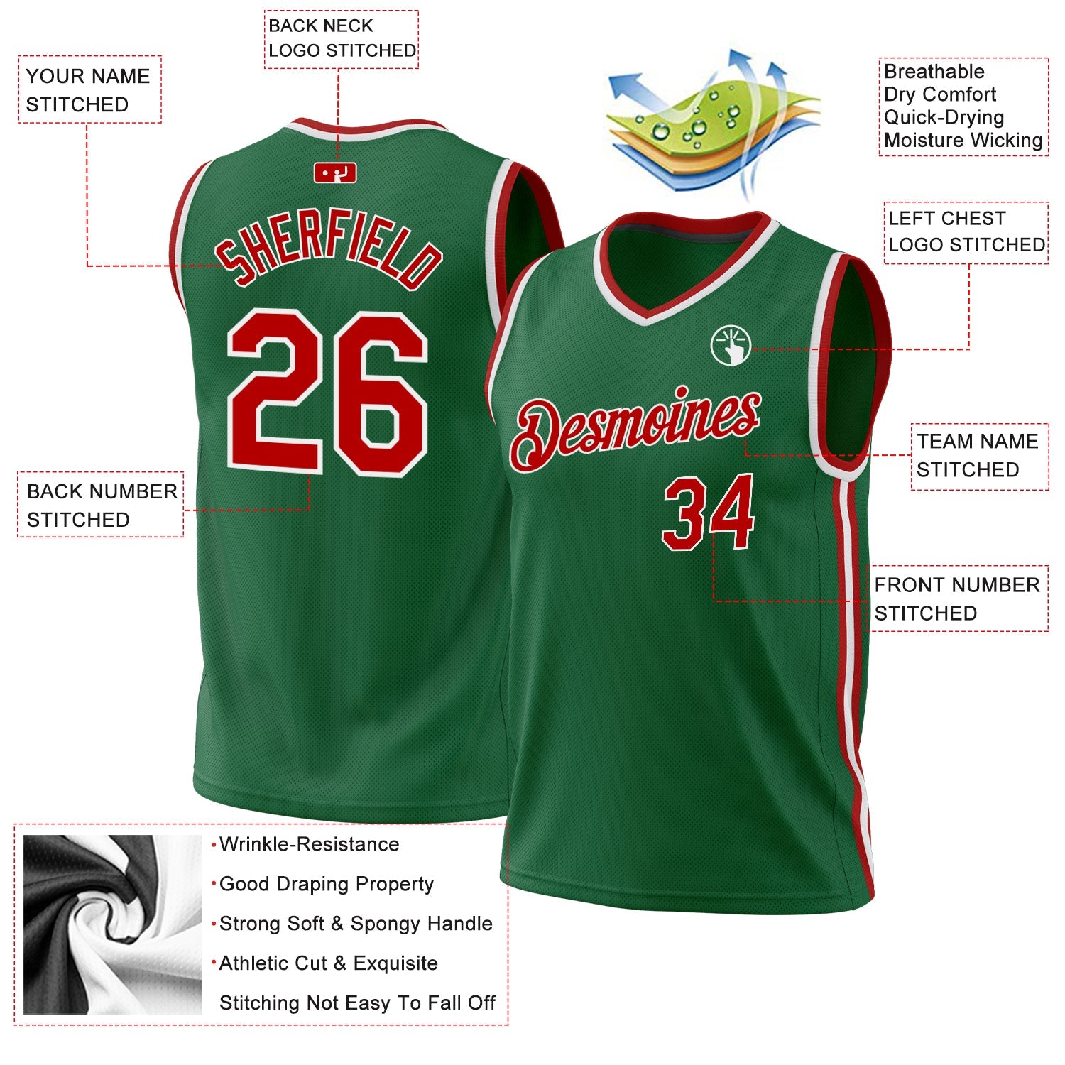Custom Kelly Green Red-White Authentic Throwback Basketball Jersey - Sky-Custom