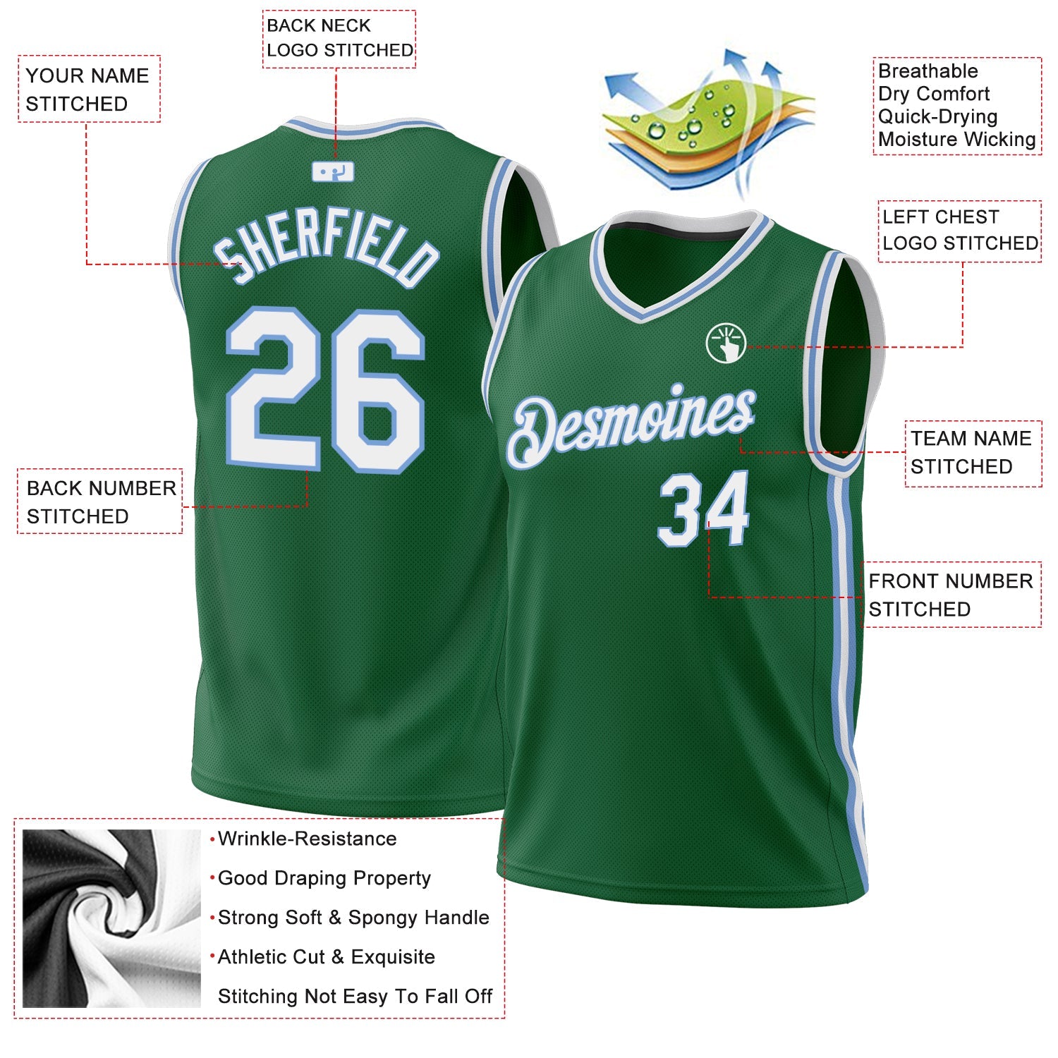 Custom Kelly Green White-Light Blue Authentic Throwback Basketball Jersey - Sky-Custom