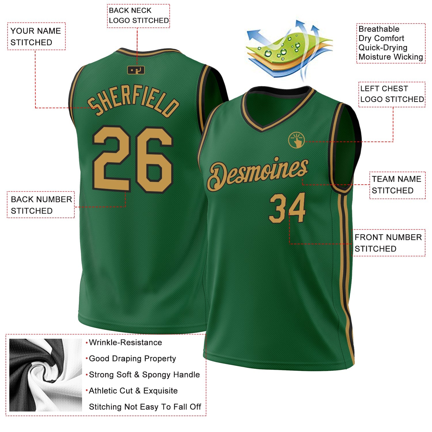 Custom Kelly Green Old Gold-Black Authentic Throwback Basketball Jersey - Sky-Custom