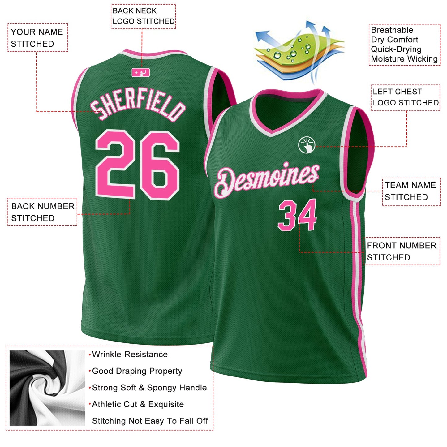 Custom Kelly Green Pink-White Authentic Throwback Basketball Jersey - Sky-Custom