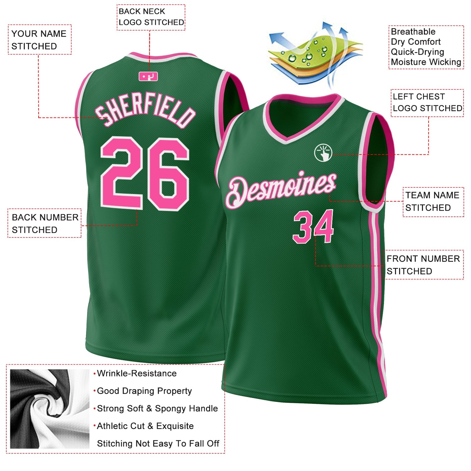 Custom Kelly Green Pink-White Authentic Throwback Basketball Jersey - Sky-Custom