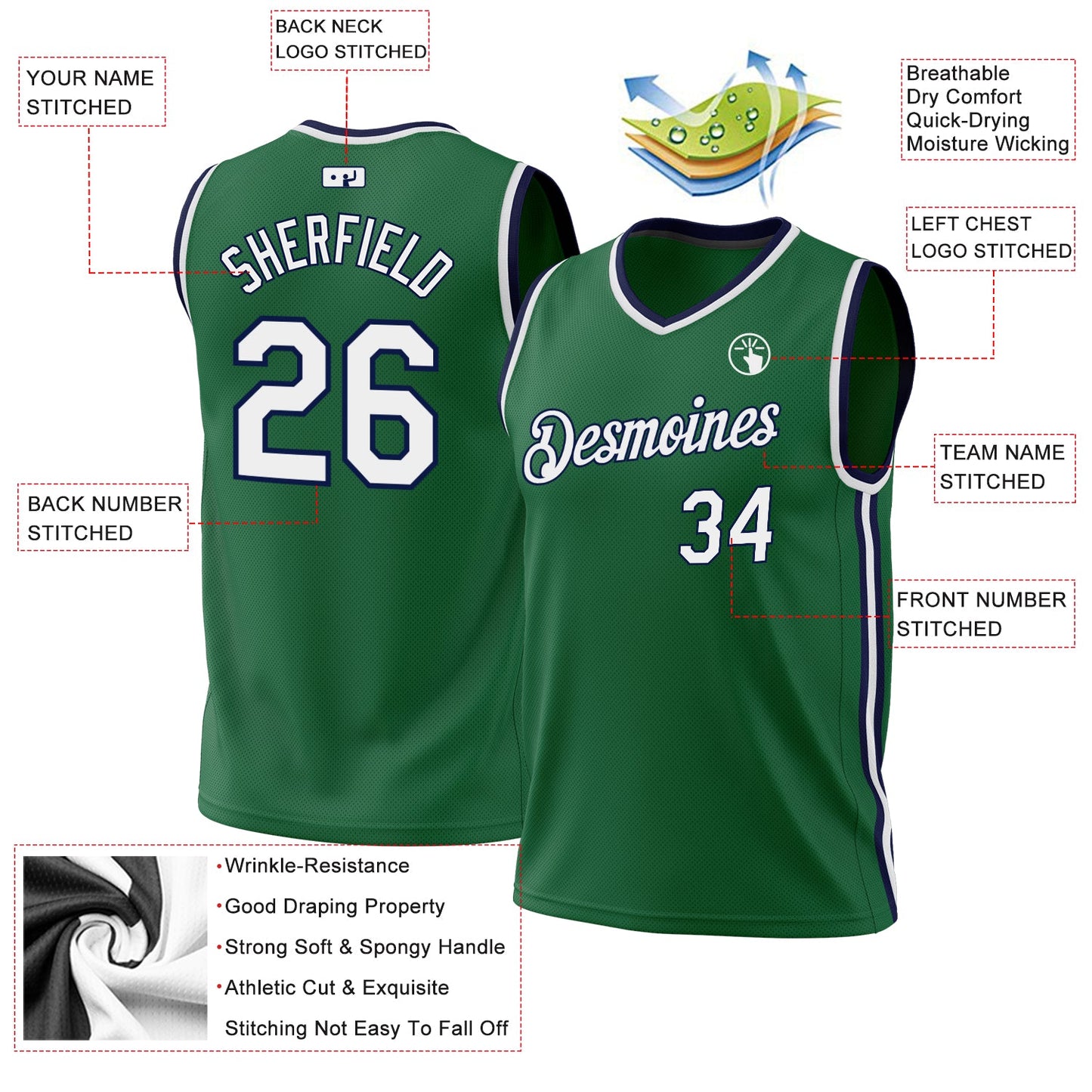 Custom Kelly Green White-Navy Authentic Throwback Basketball Jersey - Sky-Custom