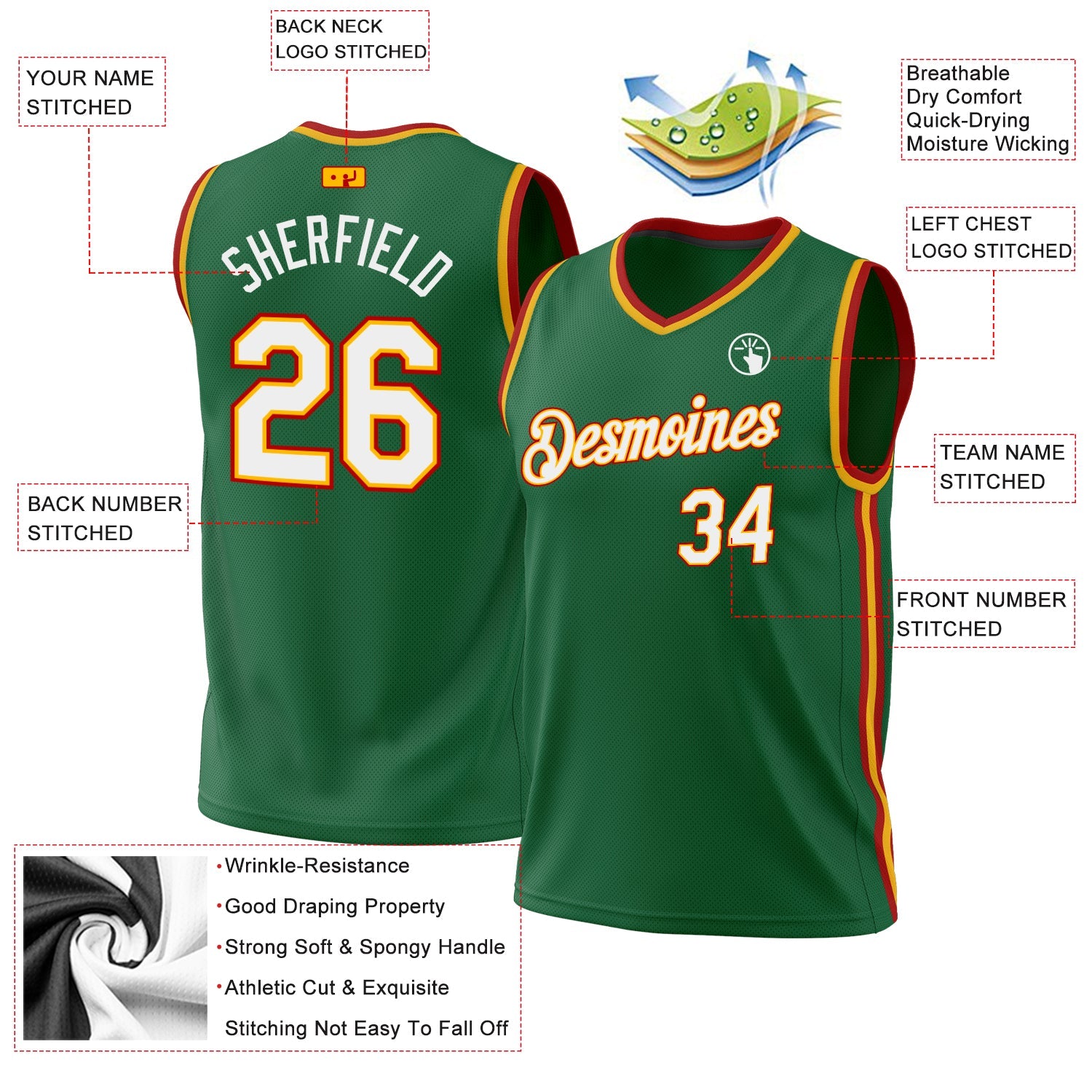 Custom Kelly Green Gold-Red Authentic Throwback Basketball Jersey - Sky-Custom
