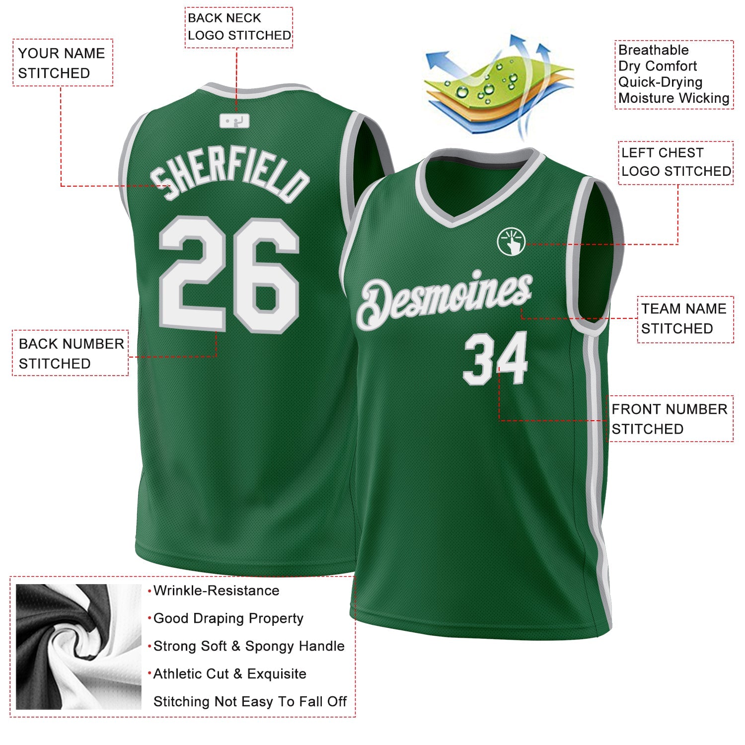 Custom Kelly Green White-Gray Authentic Throwback Basketball Jersey - Sky-Custom