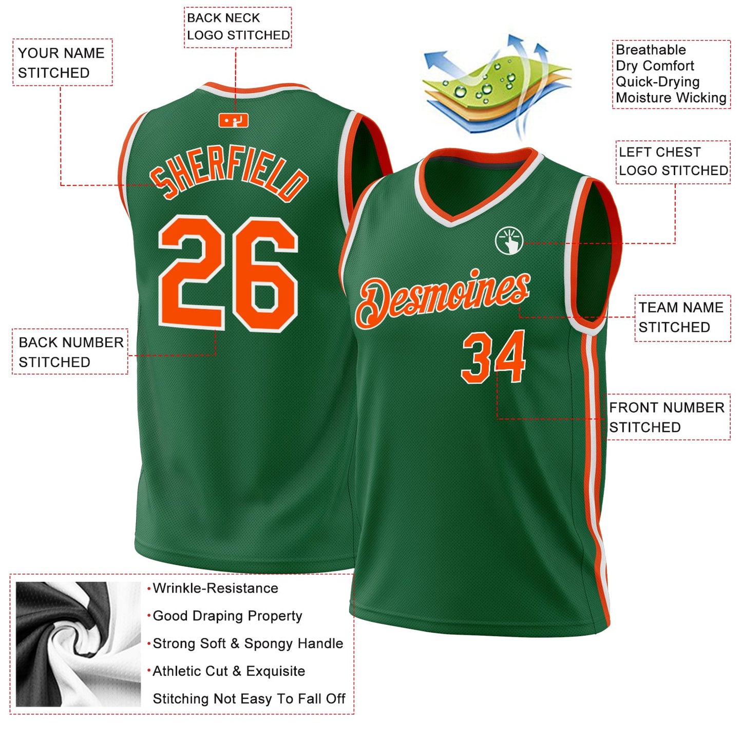 Custom Kelly Green Orange-White Authentic Throwback Basketball Jersey - Sky-Custom